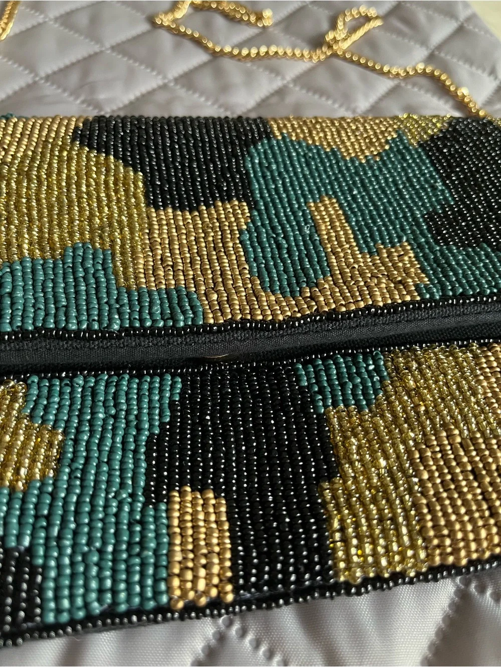 Francesca’s Gold, Black & Green Beaded Clutch with Gold Tone Chain Strap